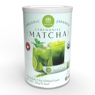 A 30ct canister of organic Keicha Ceremonial Matcha single serve packets